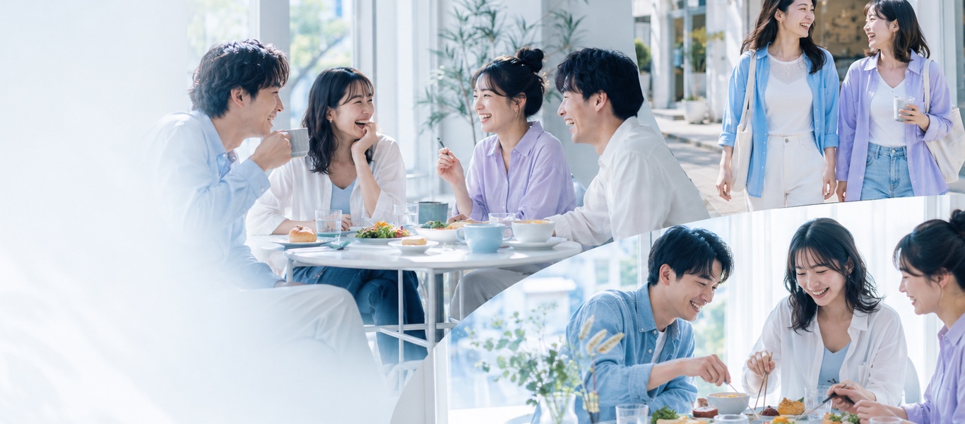 一群台灣年輕人在明亮咖啡館一起用餐、探索城市