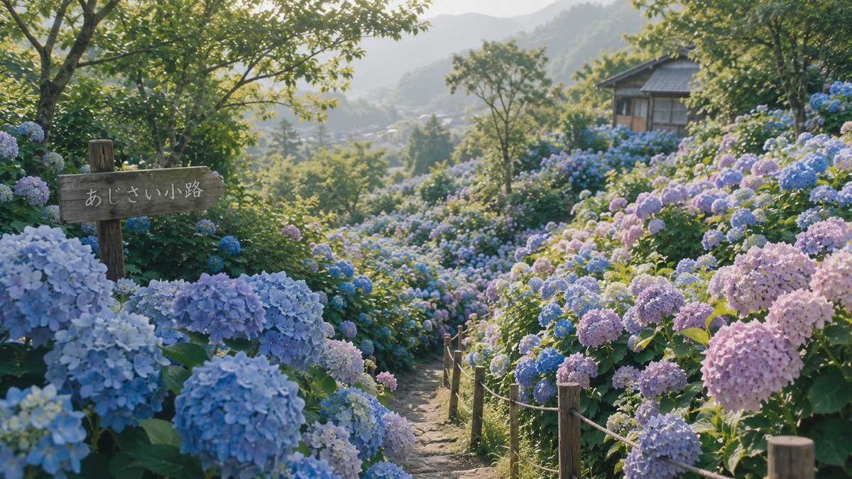 山坡上的紫藍色繡球花步道