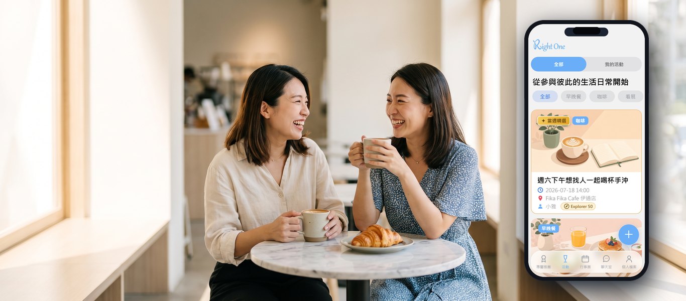 兩位女性在明亮咖啡廳一起喝咖啡、開心聊天，右側為 Right One App 活動列表與 Explorer 50 徽章的手機畫面