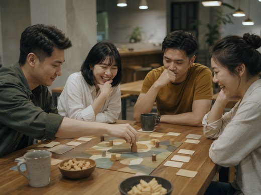 四個人圍著木桌一起玩桌遊,笑著移動棋子