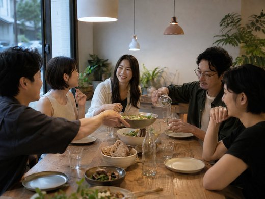 幾位朋友圍著小餐館的長桌一起用餐聊天
